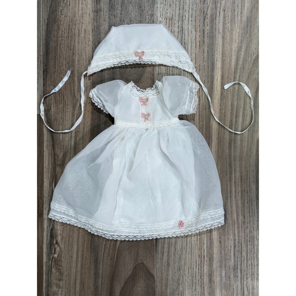 Handmade VTG 1970s Doll Dress & Bonnet White Lace Embroidered Fits 16–20” Doll